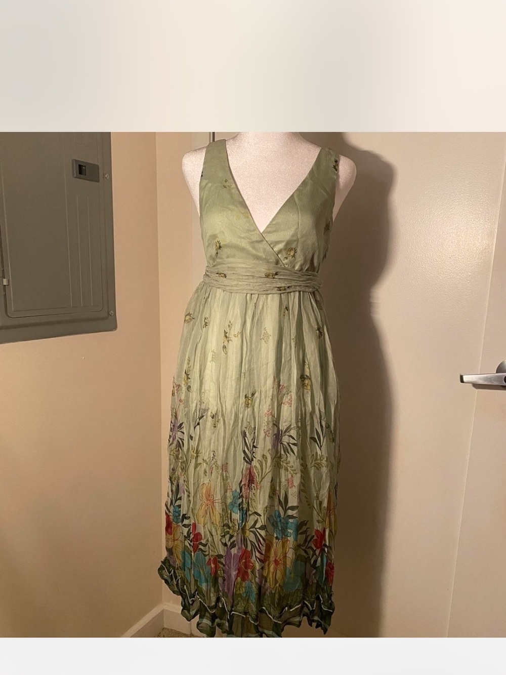 Green Silk Dress Floral Print Side Zip Ruffle Hem Tie Scarf Waist